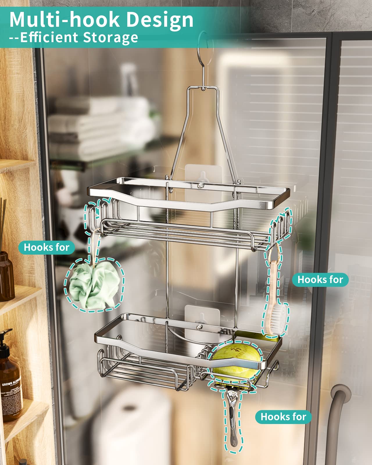 HapiRm Hanging Shower Caddy, No Drilling Shower Shelf with Razor and Soap Holder, Rust-resistant Shower Organiser for Shower Accessories, 2 Tier Shower Caddy Hanging, 3 Screw Adhesives, Silver Silver-01