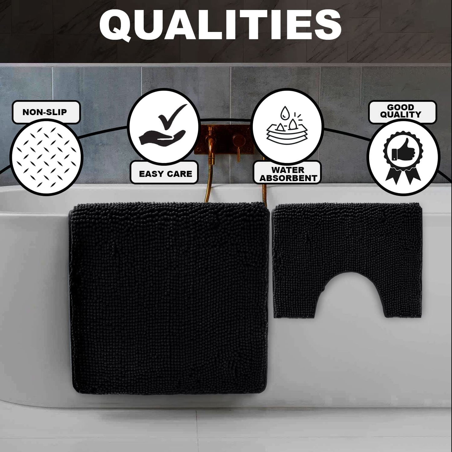 Lions Luxury 2 Piece Loop Bath Mats for Bathroom - Non Slip Chenille Bath Mat Set Rugs, Extra Soft with Water Absorbent Pedestal Bathmat Shower Toilet Mat, Black 50x80cm