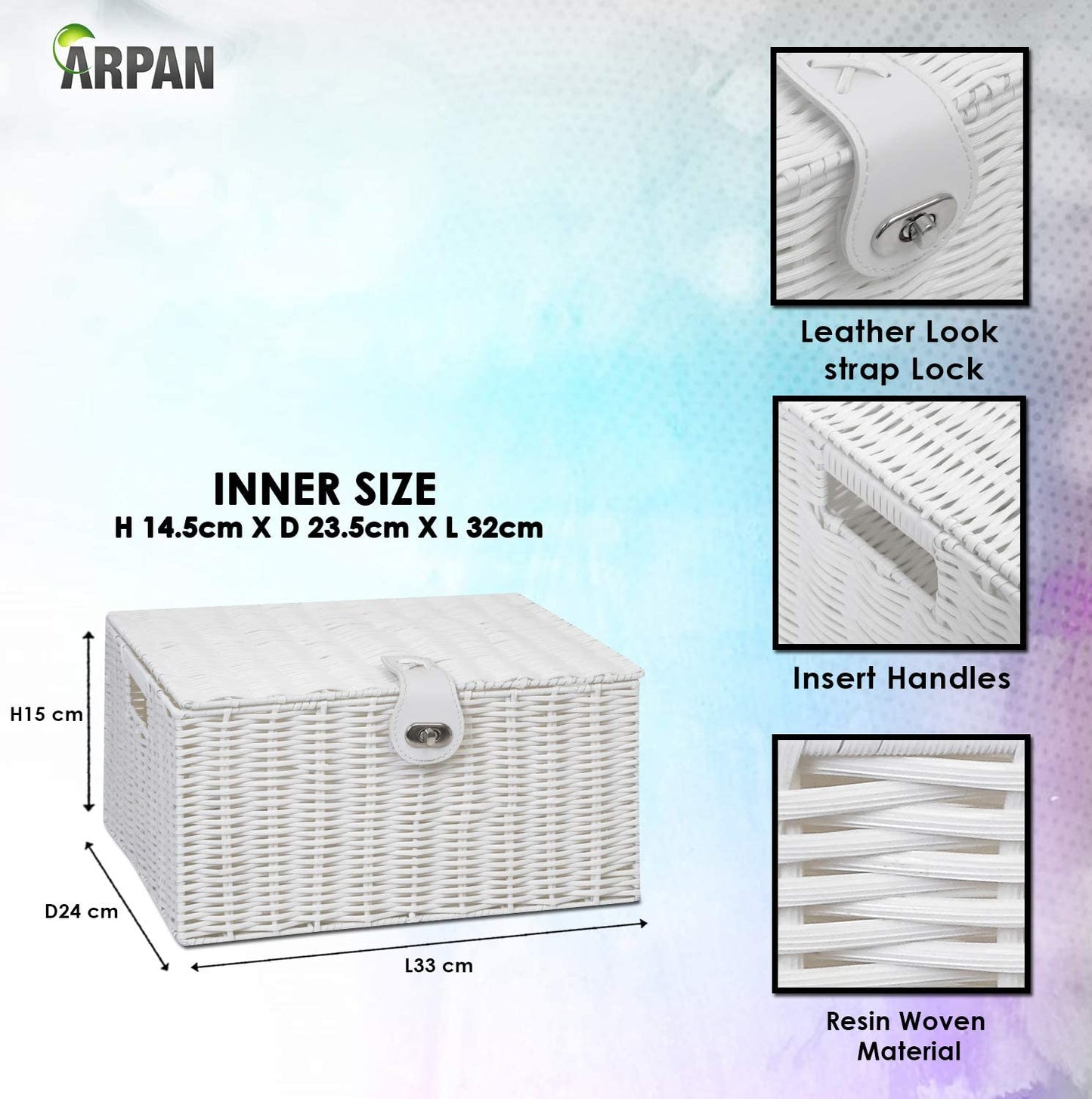 2 x Arpan Resin Woven Storage Hamper Basket Box with Lid & Lock (White - Medium) White - Medium