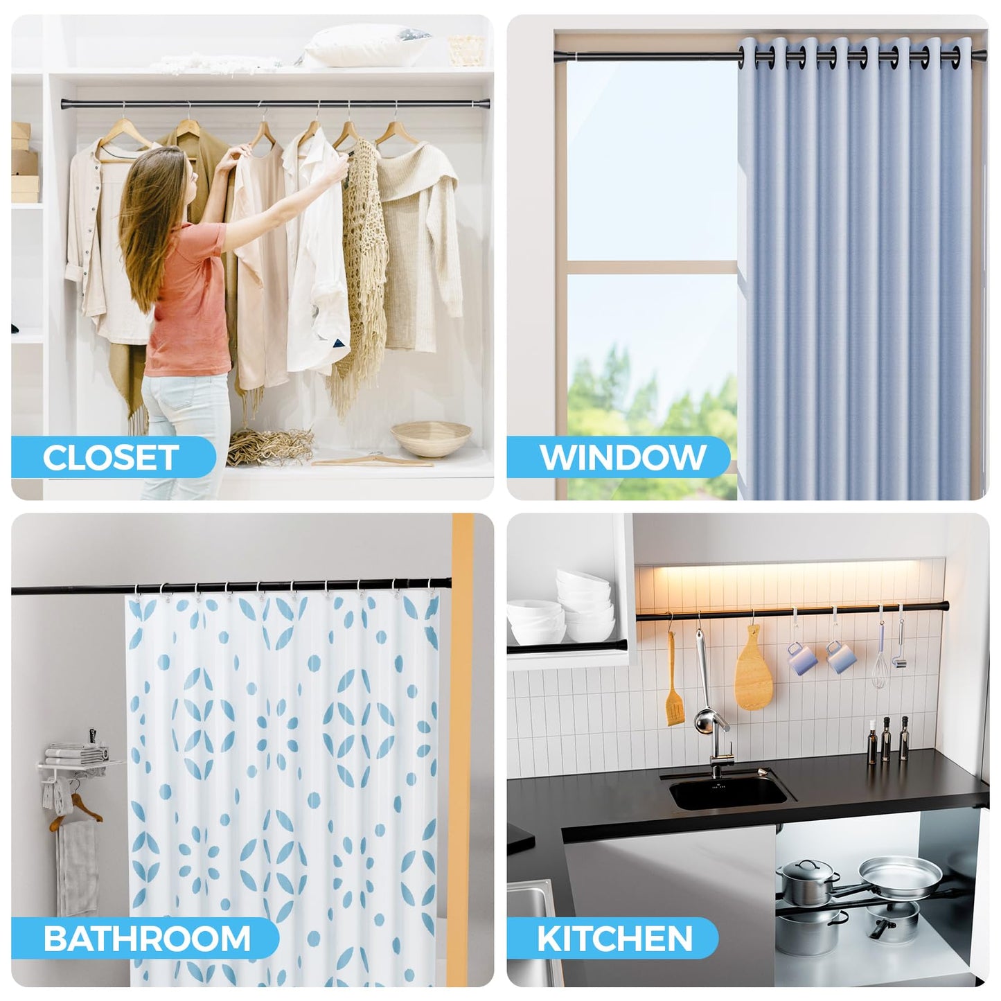 Zipglo Tension Rod 85-150 Cm Curtain Rods Extendable 2p, Shower Rail Extendable Black Spring Loaded Curtain Rod Adjustable Shower Curtain Rail Extendable Curtain Poles No Drilling for Closet, Bathroom 85~150 cm 2p