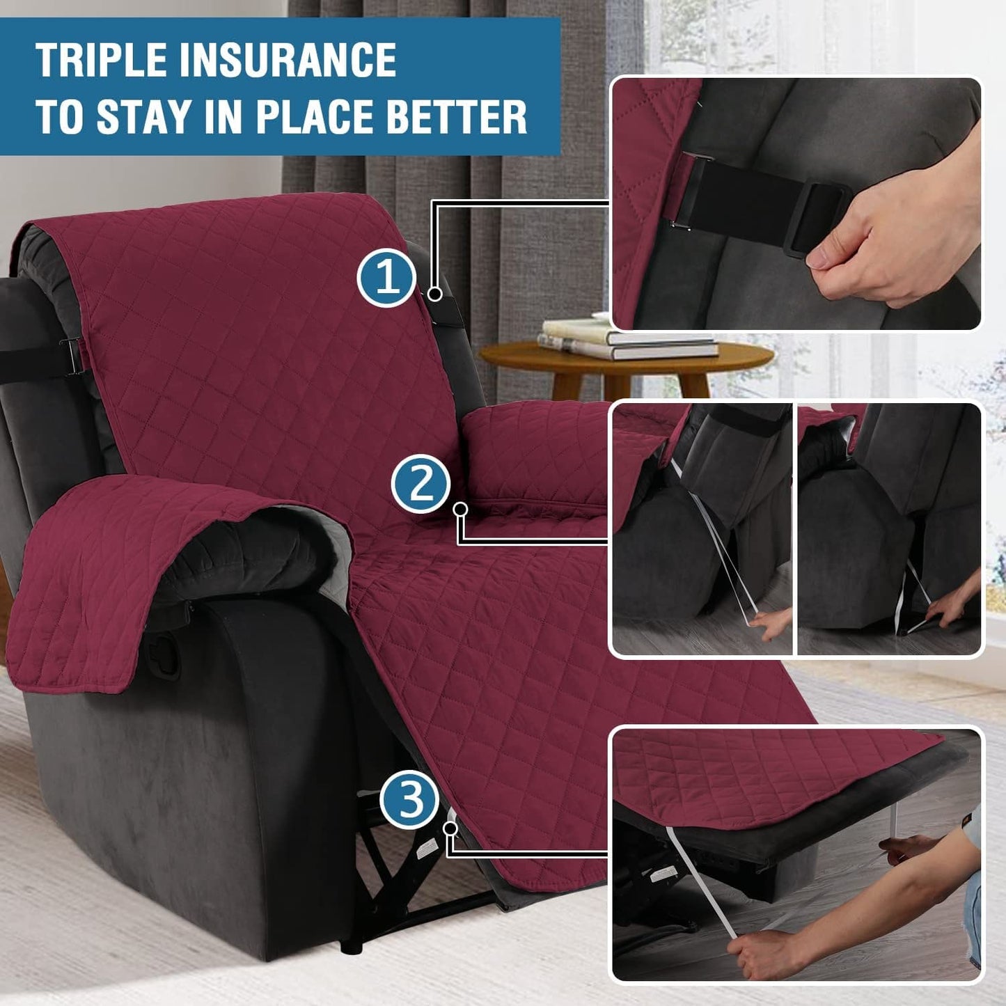 H.Versailtex Recliner Slipcovers, Water Resistant Recliner Chair Covers for Pets, Machine Washable Recliner Protectors Covers with 2" Wide Elastic Strap for Kids (Burgundy/Tan) Burgundy/Tan