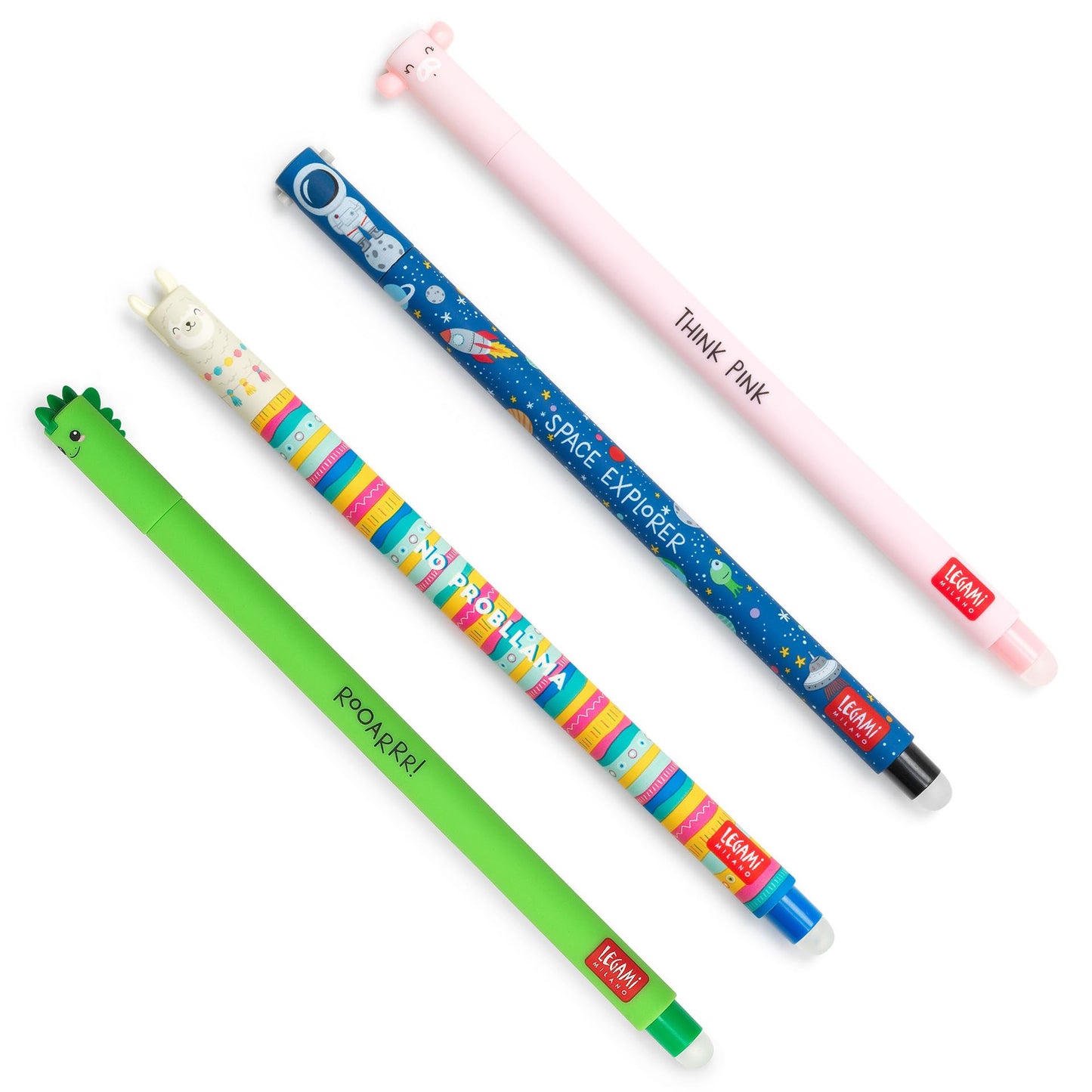 Legami - Set of 4 Erasable Gel Pens, Themes Dino, Piggy, Space, Llama, Ball on the End to Remove Ink - Black, Blue, Green, Pink, Thermosensitive, Tip Diameter 0.7 mm Friends