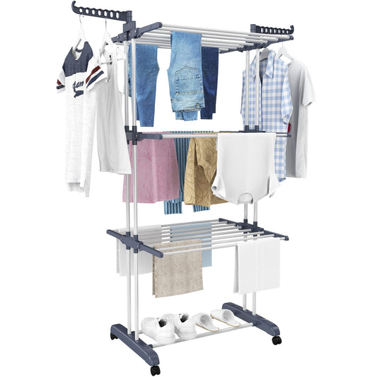 HOMIDEC Airer Clothes Drying Rack,4-Tier Foldable Clothes Hanger Adjustable Large Stainless Steel Garment Laundry Racks for Indoor Outdoor Grey