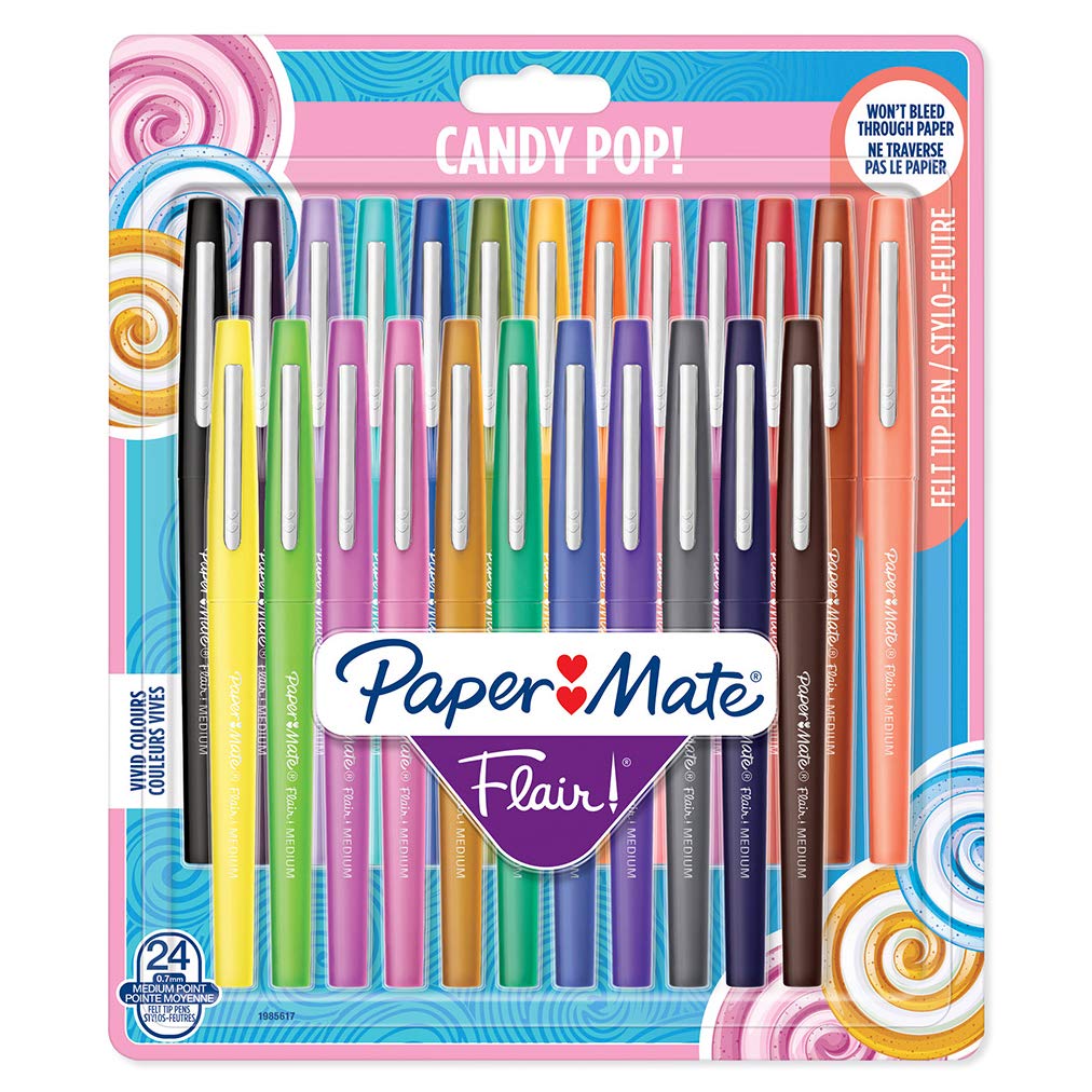 Paper Mate Flair Felt Tip Pens | Medium Point (0.7mm) | Assorted Candy POP Colours | 24 Count pack of 24