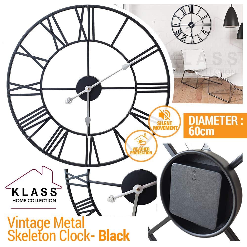 Klass Home 60cm Black Metal Large Wall Clock INDOOR/OUTDOOR Wall Clock | Silent Non-Ticking Roman Numerals Clocks For Living Room | Bedroom Kitchen Clock | Outdoor Clock | Garden Clock | Home Decor