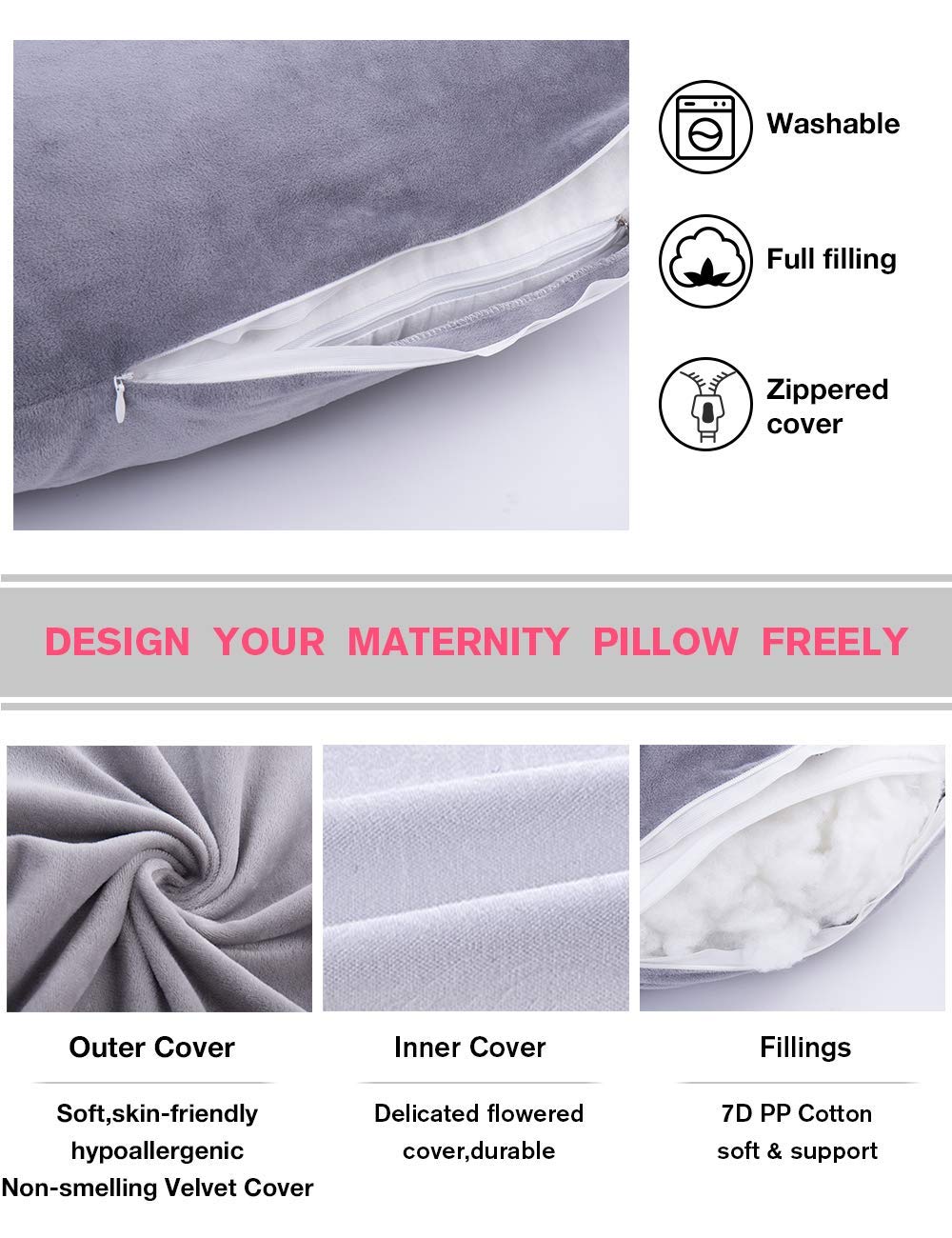 AS AWESLING Pregnancy Pillow, U Shaped Full Body Pillow, Nursing, Support and Maternity Pillow for Pregnant Women with Removable Velvet Cover (Grey) Velvet Grey