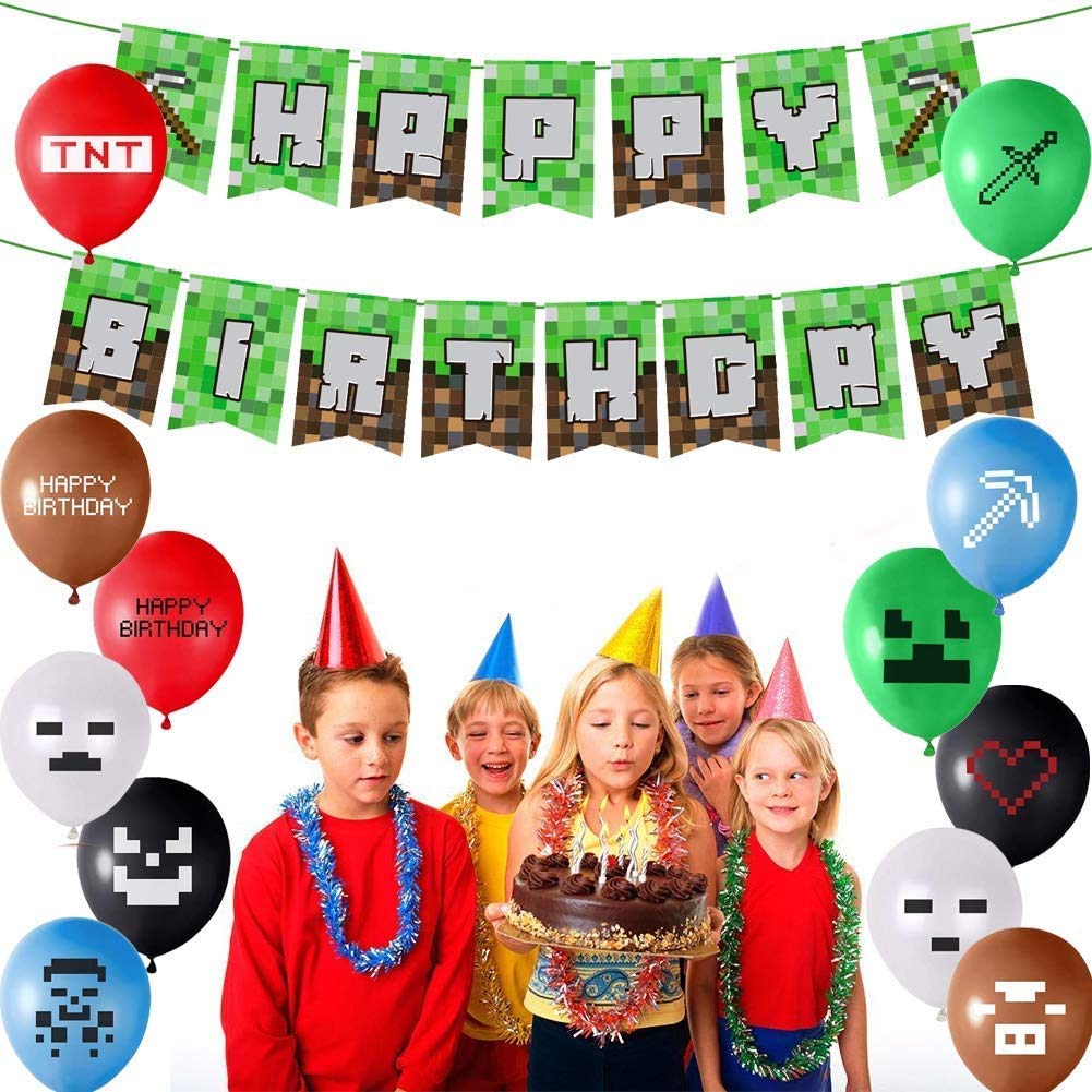 LUCOBE minecraft birthday decorations Gaming Theme Party Supplies- Including Happy Birthday Banner, Gaming Birthday Balloons for birthday boy