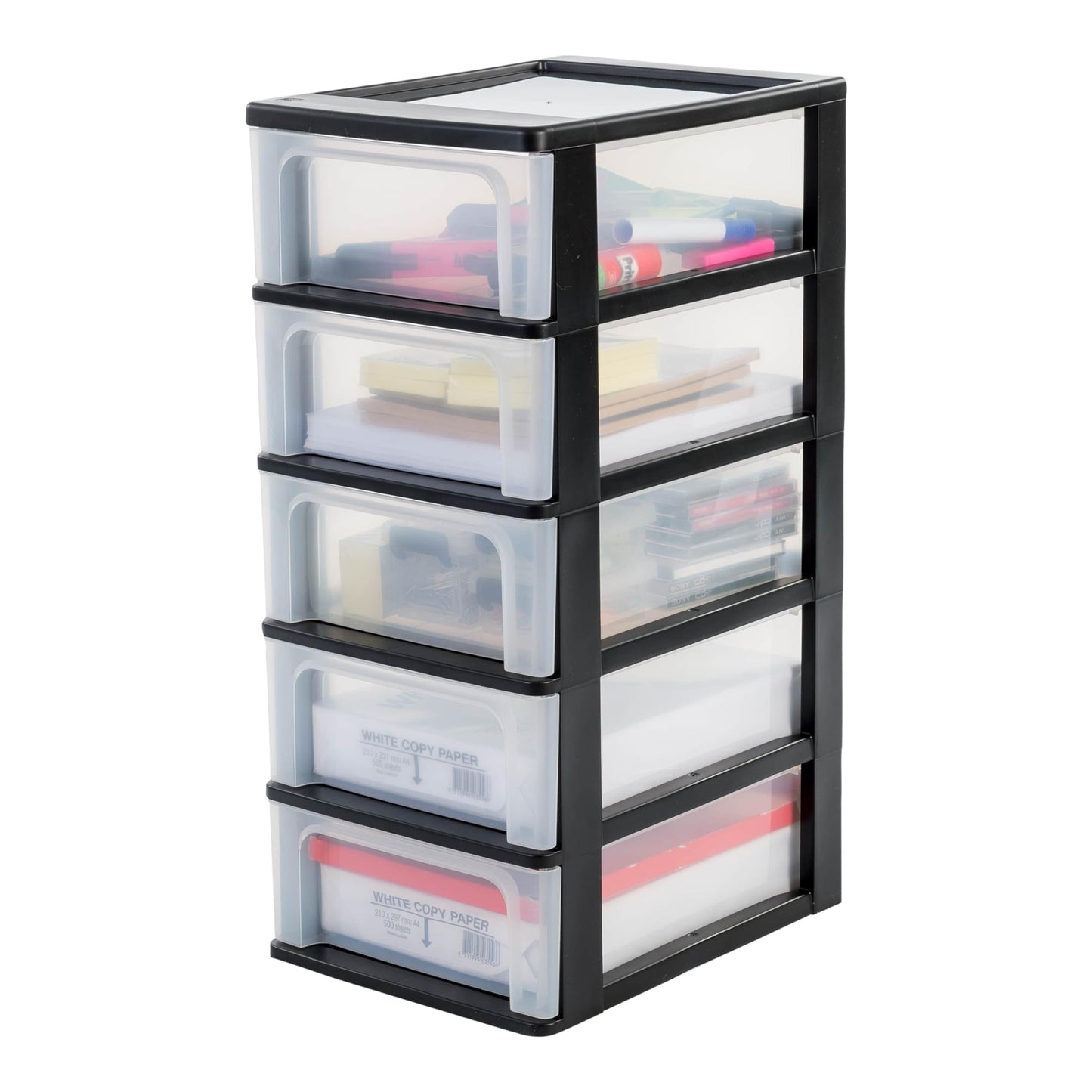 Iris Ohyama, Plastic Drawers Storage Unit, Plastic Storage Drawers, A4 Format, H60.5cm/5 Drawers, BPA Free, Black, W35.5 x D26 x H60.5cm, OCH-2005 H60.5cm / 5 Drawers