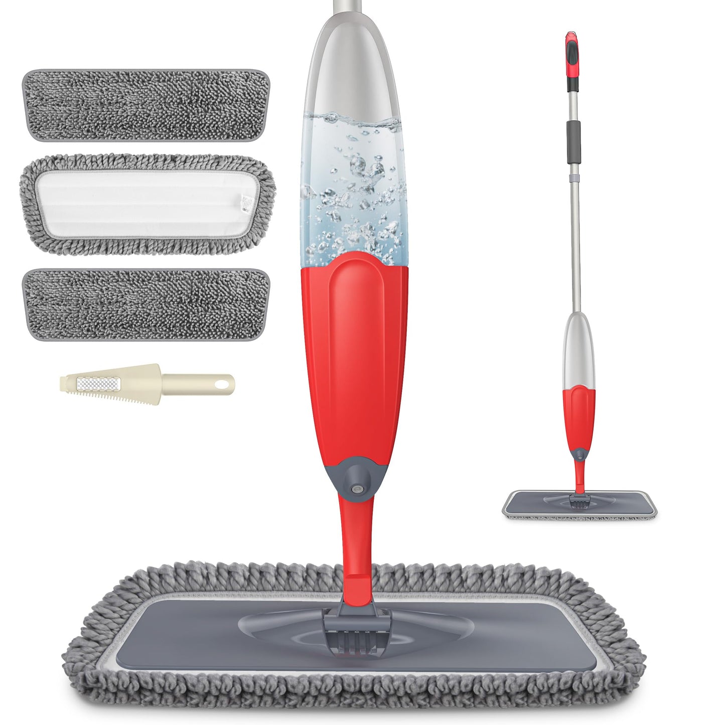 Microfibre Spray Floor Mop - HOMTOYOU Dry and Wet Hardwood Floor Cleaning Mop with 635ml Refillable Bottle 360 Degree Rotatable Spin Dust Chenille Mop with 3 Reusable Refills for Laminate Tile Marble Red/Balck