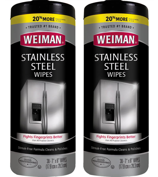 Weiman Stainless Steel Cleaner Wipes (2 Pack) Fingerprint Resistant, Removes Residue, Water Marks and Grease from Appliances - Works Great on Refrigerators, Dishwashers, Ovens, and Grills