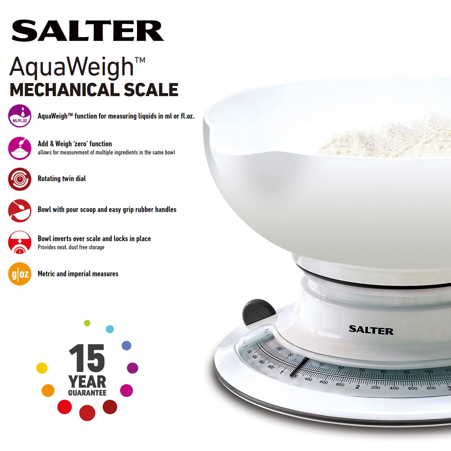 Salter 800 WHBKDR Aquaweigh Mechanical Scale - Measures Liquids & Fluids, Add & Weigh/Tare Function, Rotating Twin Dial, Pouring Spout, 2.6 L Bowl & Easy Storage, Max 4 kg, Baking/Cooking, White AquaWeigh Mechanical Kitchen Scale