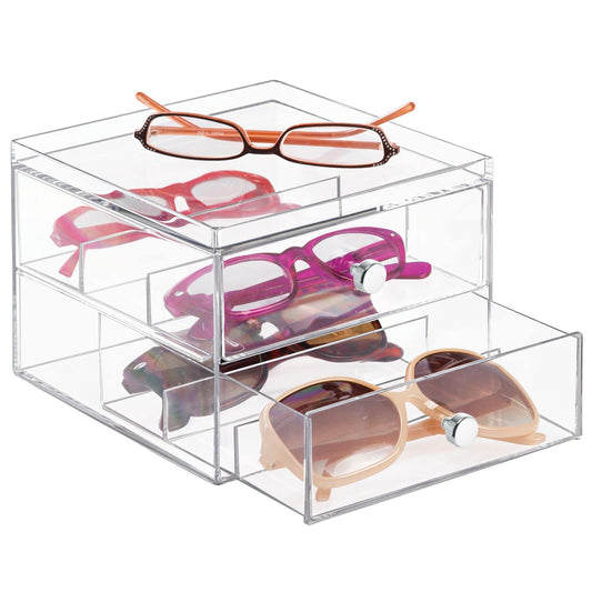 mDesign Glasses Display Case — Eyeglasses Storage Box with 2 Divided Drawers — Spectacle Storage Unit Clear