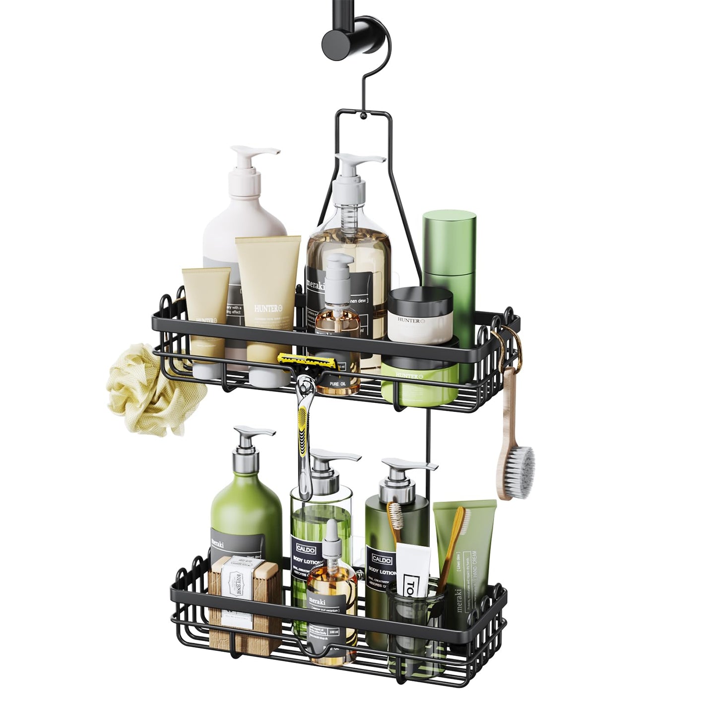 HapiRm Shower Caddy Hanging, No Drilling Stainless Steel Bathroom Organiser,2 Tier Shower Shampoo Holder, Rust-resistant Shower Storage for Shower Accessories,3 Screw Adhesives，Black Black-02