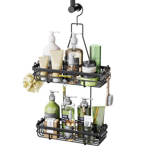 HapiRm Shower Caddy Hanging, No Drilling Stainless Steel Bathroom Organiser,2 Tier Shower Shampoo Holder, Rust-resistant Shower Storage for Shower Accessories,3 Screw Adhesives，Black Black-02