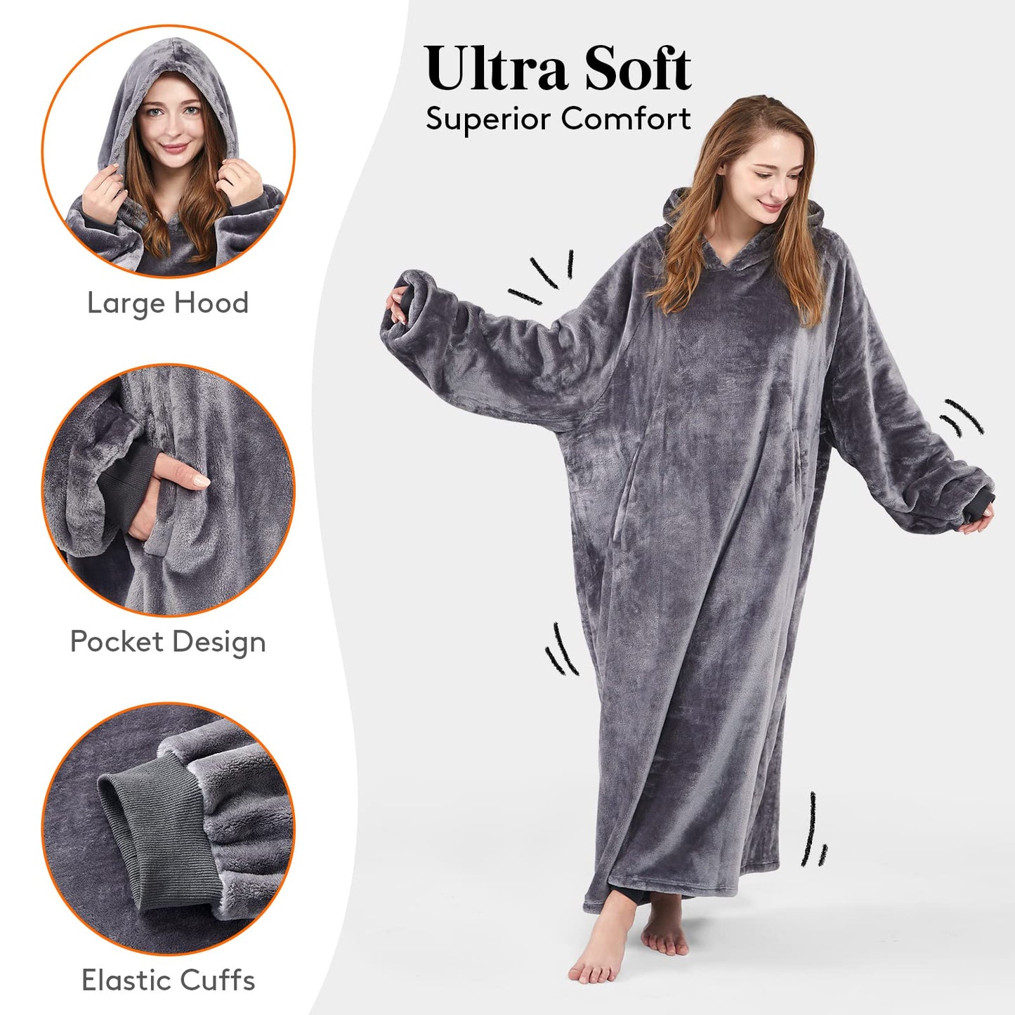 Lifewit Wearable Blanket Hoodie, Warm and Cozy Hoodie with Sleeves and Pockets, Flannel Blanket Sweatshirt for Women, Men, Medium, Grey Medium for 170-180cm