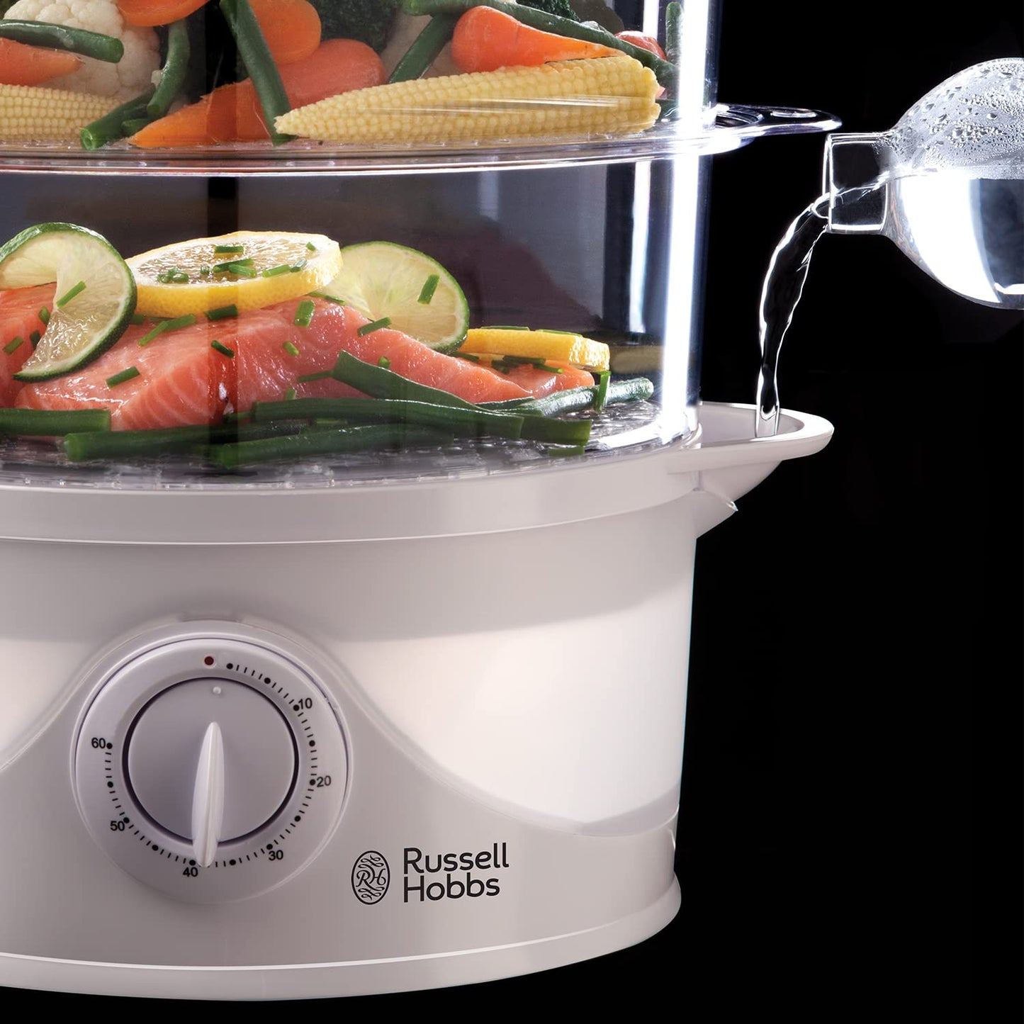 Russell Hobbs 3 Tier Electric Food Steamer, 9L, Dishwasher safe BPA free baskets, Stackable baskets, 1L Rice bowl inc, 60 min timer, Steams in 40 seconds, Healthy eating, Energy saving, 800W, 21140 Single