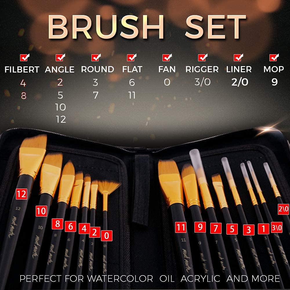 Mont Marte Art Paint Brush Set, 15 Piece. Includes 15 Taklon Bristle Paint Brushes and Easel Wallet with Zip Fastening. Suitable for Acrylic, Oil and Watercolor Painting.