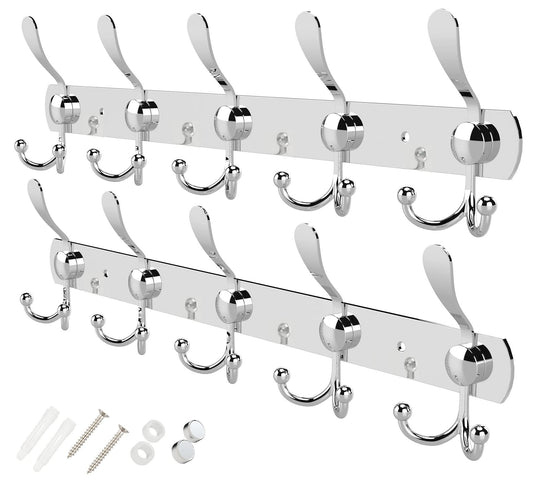 GlazieVault Coat Hooks for Wall - Stainless Steel Racks (2 Pack) - Heavy Duty Wall Mounted - Premium Design Rust Free Hanger Wall for Robe and Clothes Silver Tri