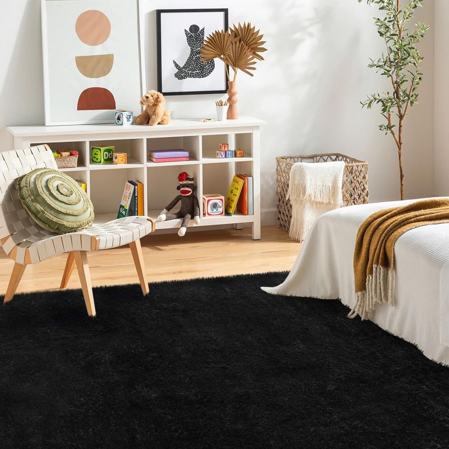 FVVRAX Area Rugs Living Room Rug, Soft Fluffy Shaggy Bedroom Rug Floor Carpet with Durable Anti-slip Backing, Carpets for Kids Girls Dorm Nursery Bedside Rug, 122x183cm, Black