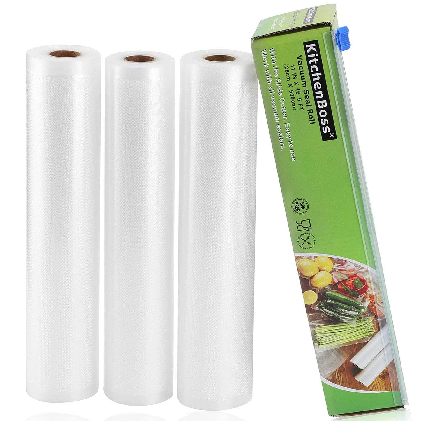 KitchenBoss Vacuum Sealer Rolls - Vacuum Sealer Bags - 3 Rolls 28 x 500cm | with Cutter-Box | BPA-Free | Heavy Duty Embossed | for Vacuum-Sealer Food Storage and Sous Vide Cooking 3 Rolls 28×500cm /with Cutter-Box Clear