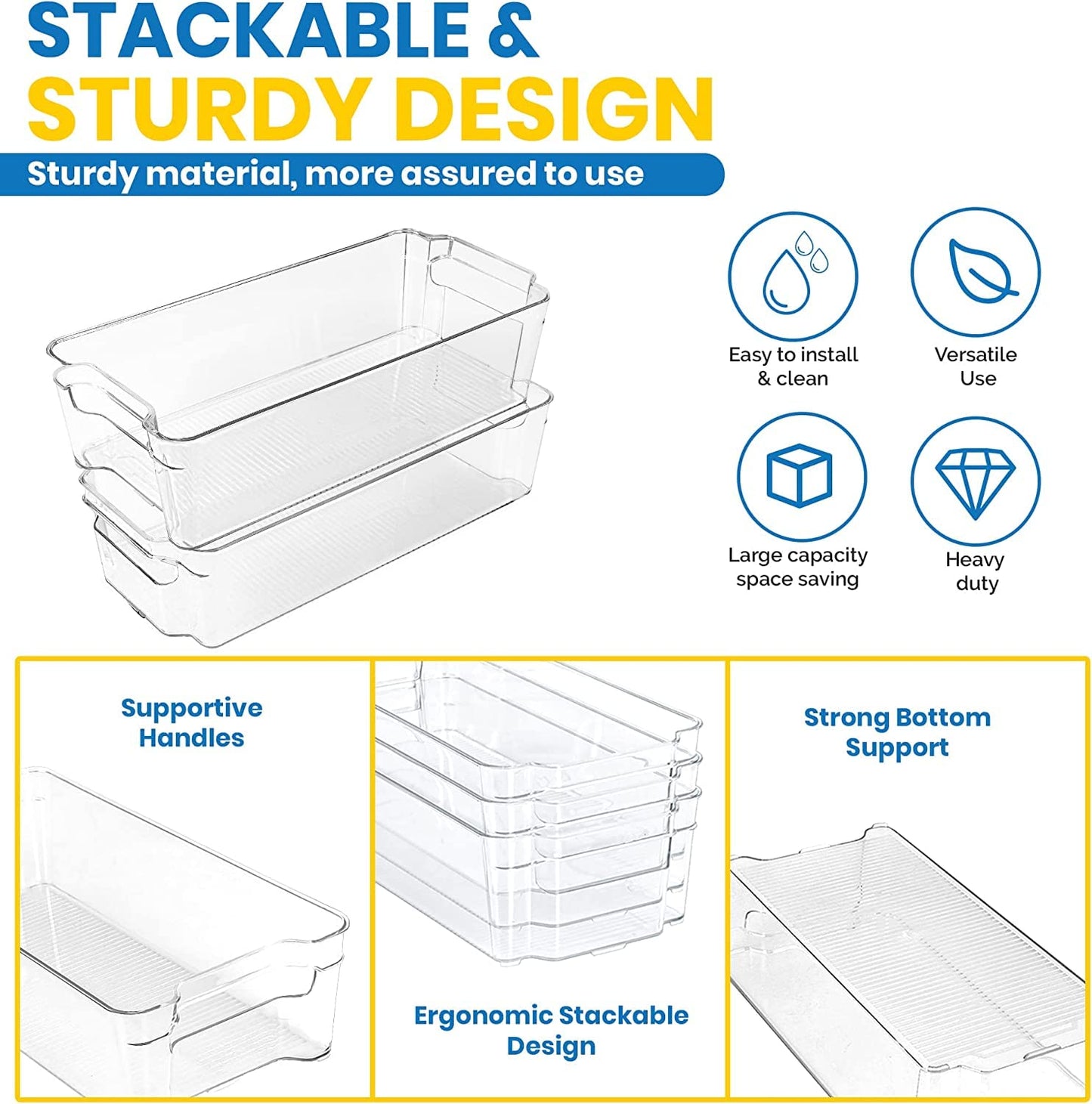 KICHLY Stackable Fridge Organisers - Set of 8 Storage Containers with Handles - Multipurpose Organizer Boxes For Kitchen, Fridge, Cupboard, Snacks, Cans, Tins, Pantry, Under Sink - BPA Free (Clear) Clear