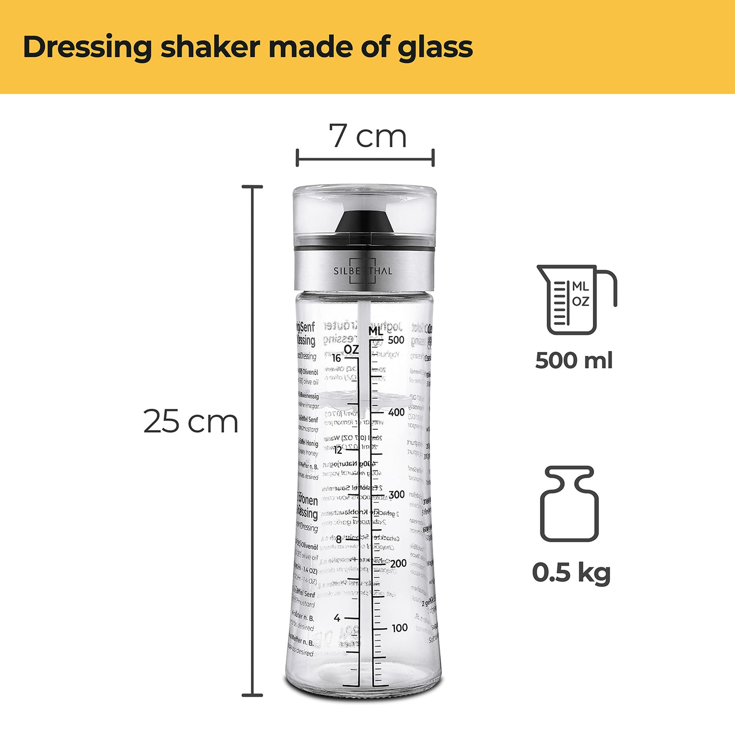 SILBERTHAL Salad Dressing Shaker - Sturdy Glass & Stainless Steel - Recipes on Glass - 500 ml - Dishwasher Safe Salad Dressing Jar