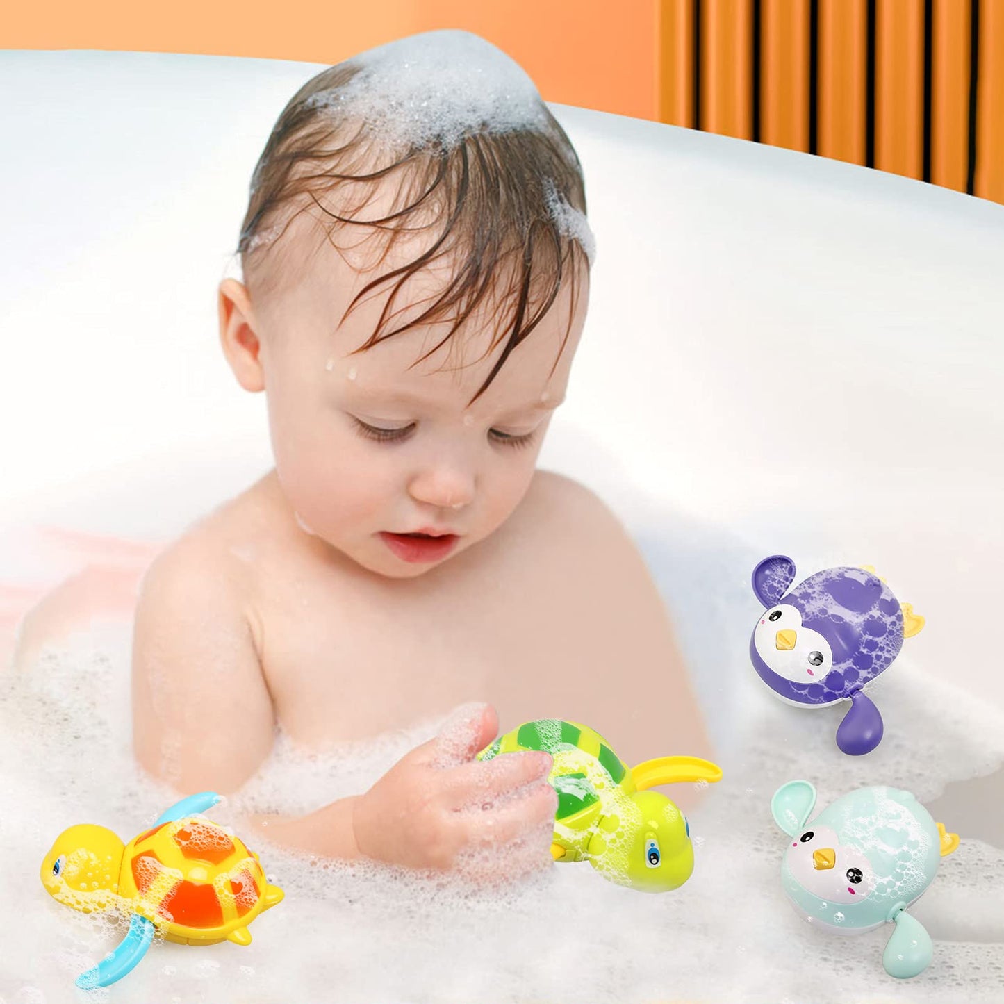 BelleStyle Bath Toys for Kids, Baby Wind Up Bath Toys, Swimming Water Floating Turtle Penguin Clockwork Bathtub Pool Toy Game for Kids Boys Girls Toddlers Baby Bath Time A