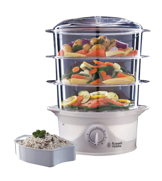 Russell Hobbs 3 Tier Electric Food Steamer, 9L, Dishwasher safe BPA free baskets, Stackable baskets, 1L Rice bowl inc, 60 min timer, Steams in 40 seconds, Healthy eating, Energy saving, 800W, 21140 Single