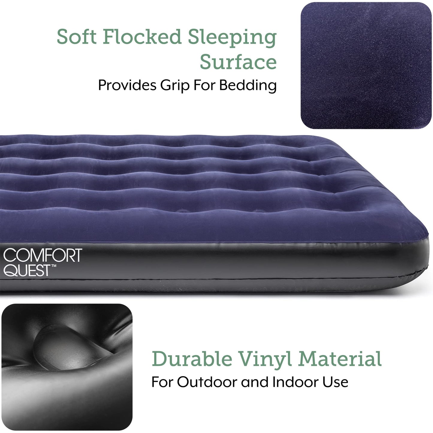 Comfort Quest Double Airbed, Inflatable Guest Air Bed, Blow Up Camping Mattress, Flocked Surface, Coil Beam Construction, L191cm x W137cm x D22cm, Max Weight 295kg