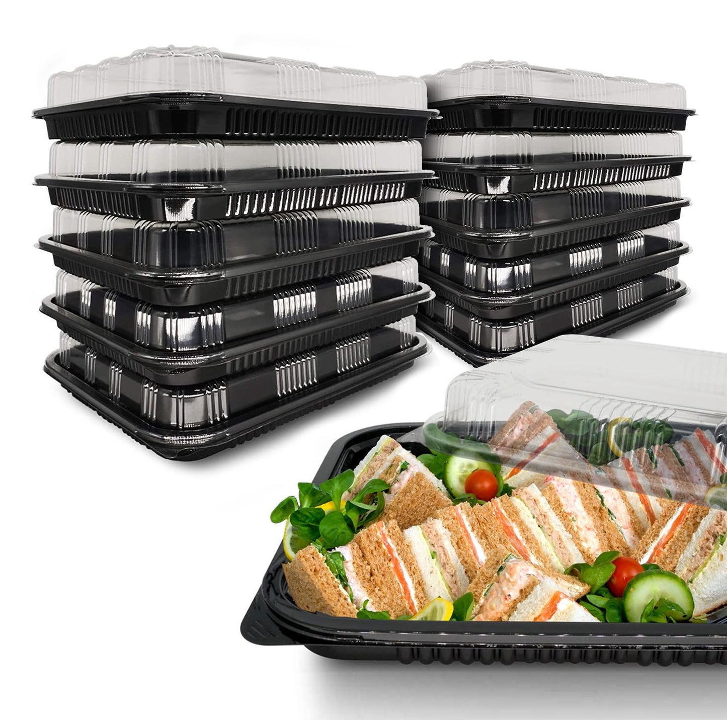 ebake Sandwich Platter Trays with Lids - 10 Pack Reusable Plastic Catering Trays with Lids (33.5cm x 24cm x 5cm) - Party Food Trays for Tea Time Snacks, Sandwiches, Cake, Treats, Sushi and Meal Prep