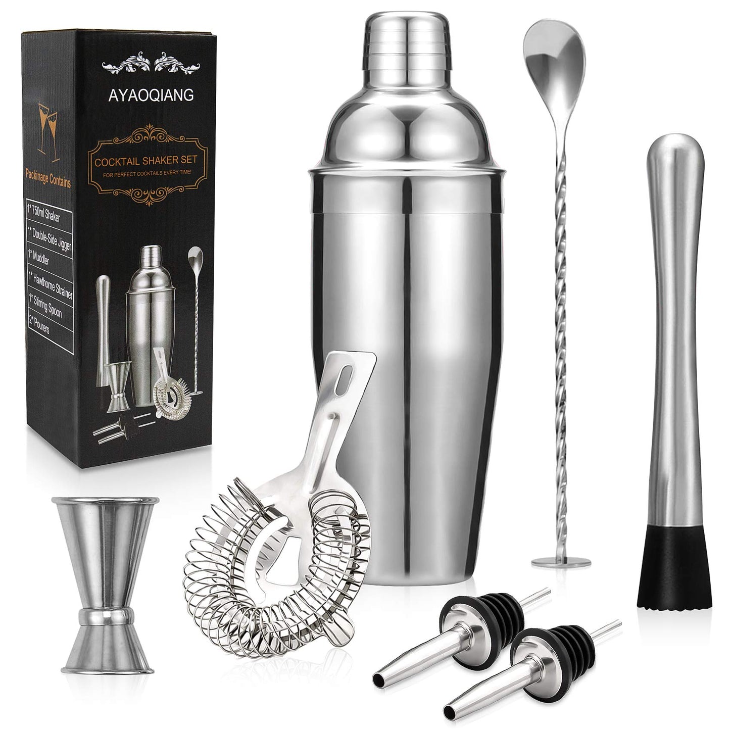 Cocktail Shakers Set,7 Pieces Cocktail Making Kit,Cocktail Shaker Set 750ml Stainless Steel Bar Tool Set Bartender Kit with Double Jigger,Muddler,Strainer,Pourers,Mixing Spoon 7