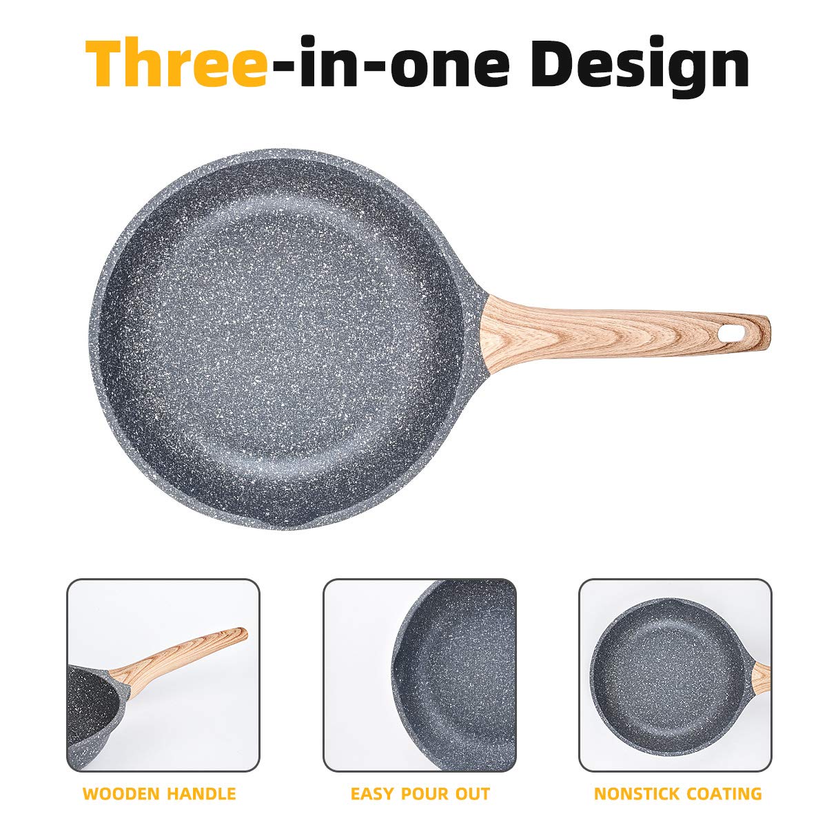 ZUOFENG Non Stick Frying Pans 28cm, Omelette Pan for Induction Hob, Granite Frying Pan Stone Pans Grey