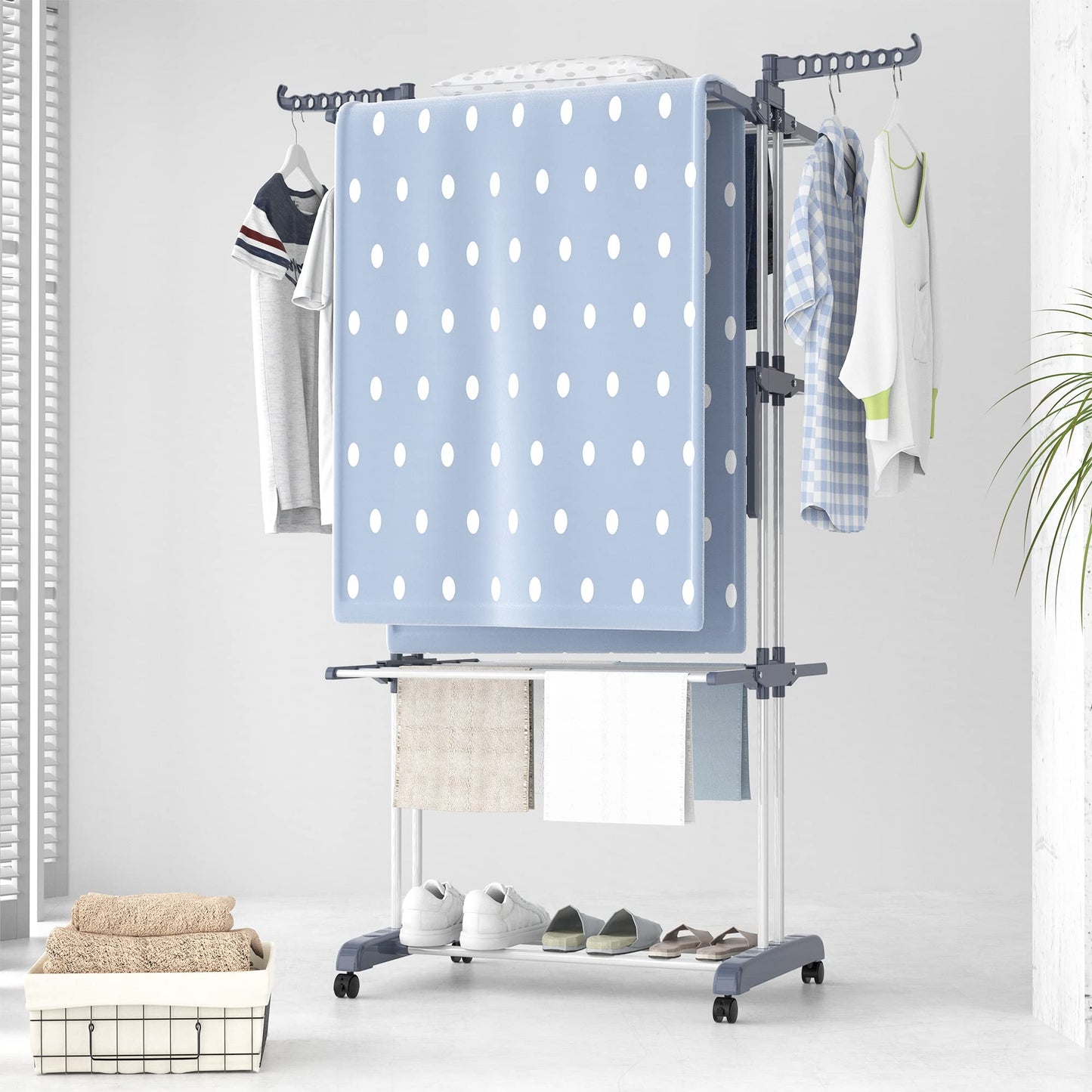 HOMIDEC Airer Clothes Drying Rack,4-Tier Foldable Clothes Hanger Adjustable Large Stainless Steel Garment Laundry Racks for Indoor Outdoor Grey