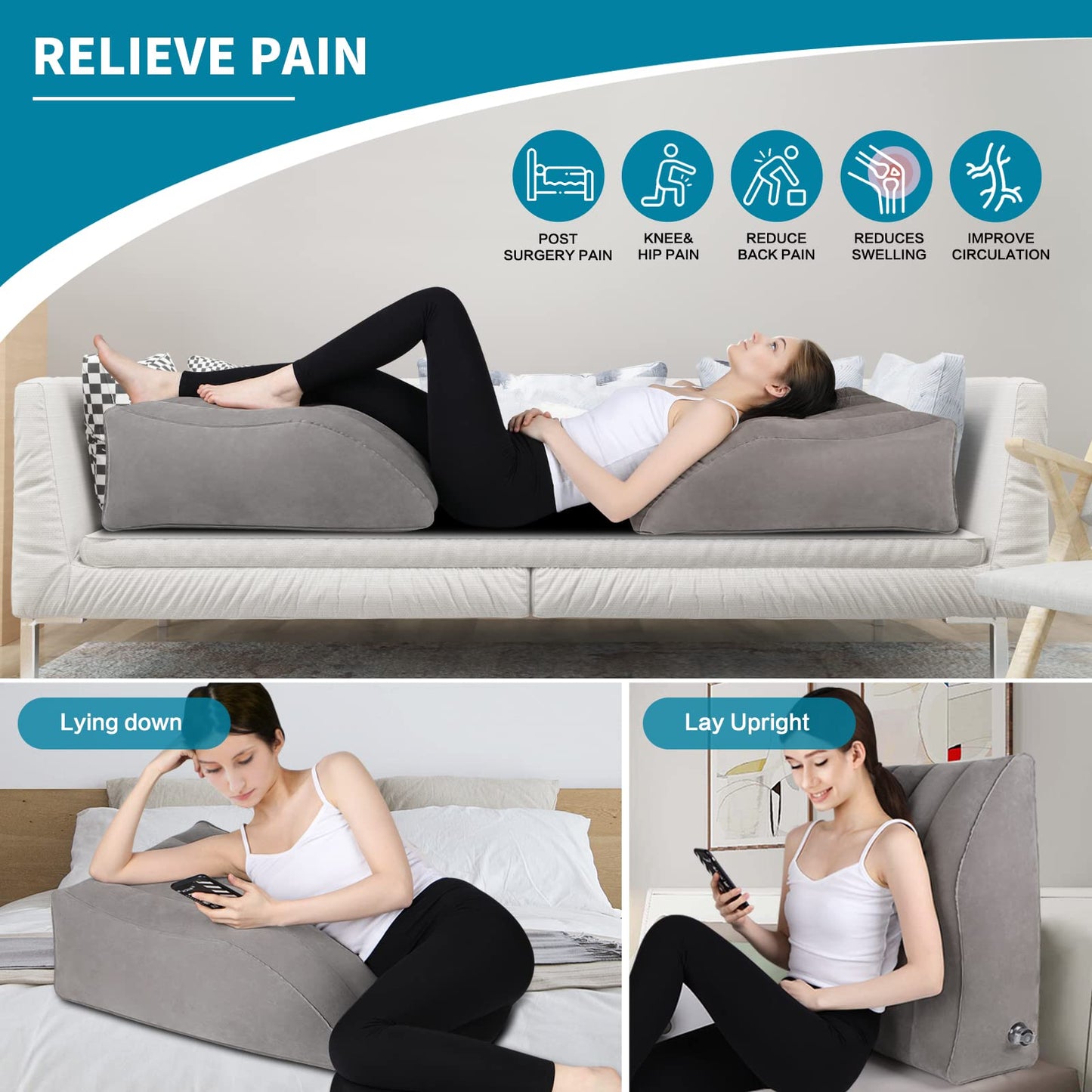 BLABOK Leg Elevation Pillow,Inflatable Wedge Pillows,Comfort Leg Pillows for Sleeping,Improve Circulation and Reduce Swelling,Suitable for Improving Sleep Quality,Pregnant,Surgery and Injury,Recovery Gray