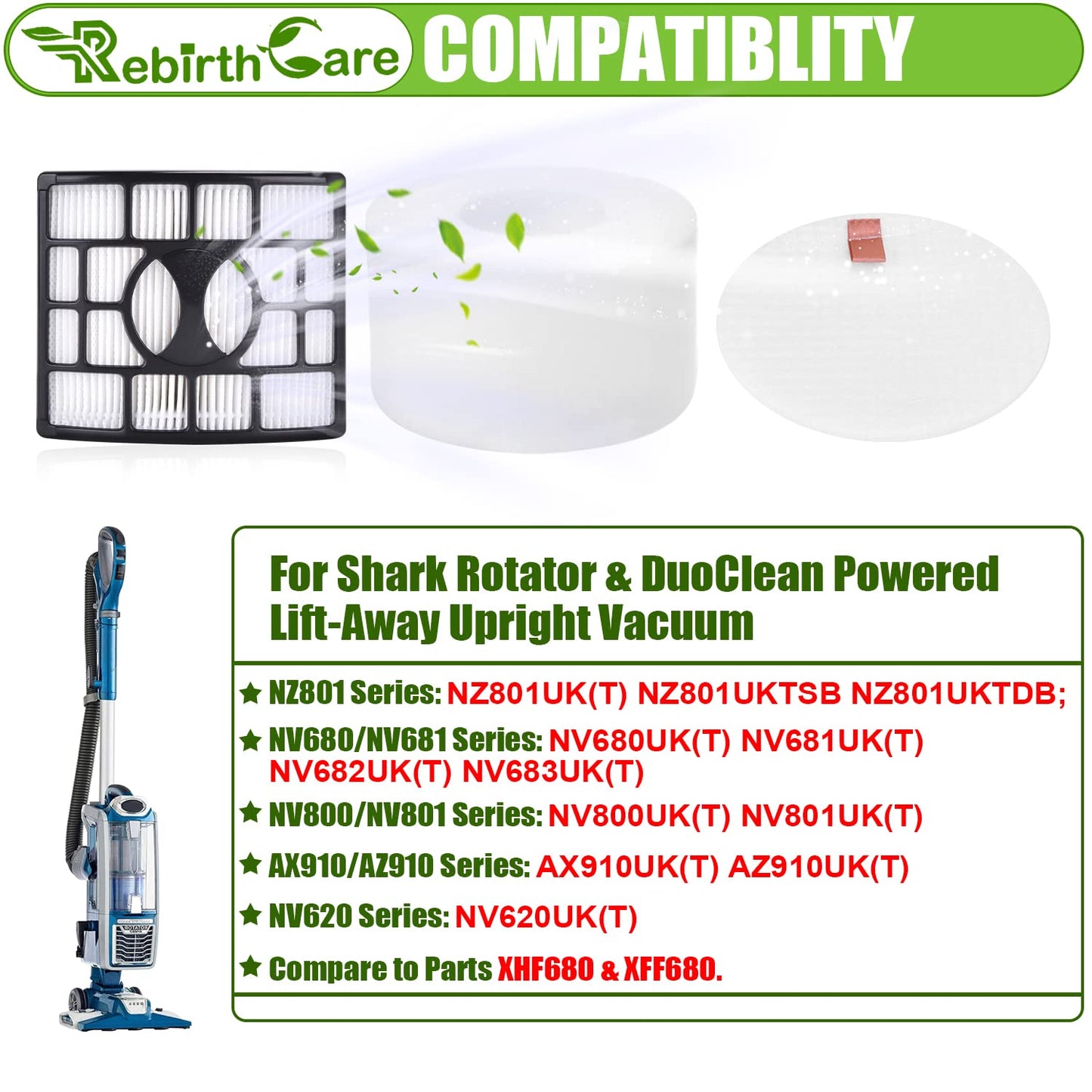 Rebirthcare NZ801ukt Filter Replacement for Shark Rotator Powered Lift-Away NV801uk NV680 NV681 NV682 NV683 NV800 UV810 NV620 AX910 AZ910 DuoClean Upright Vacuum Filters Parts # XFF680 & XHF680 NV680-2+4+1PCS