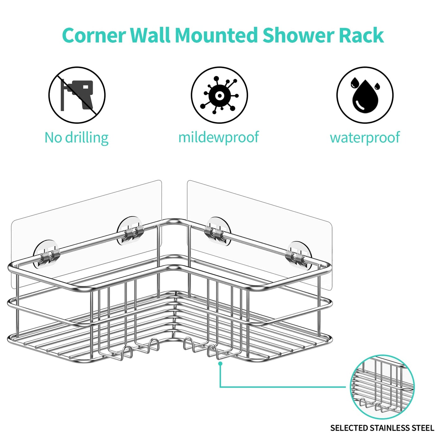 Menbyci Silver Corner Shower Caddy,Adhesive Shower Shelf with Hooks, Stainless Steel Rustproof Bathroom Storage Organizer Rack,No Drilling Shower Shampoo Holder Wall Mounted,2-Pack 2 Packs