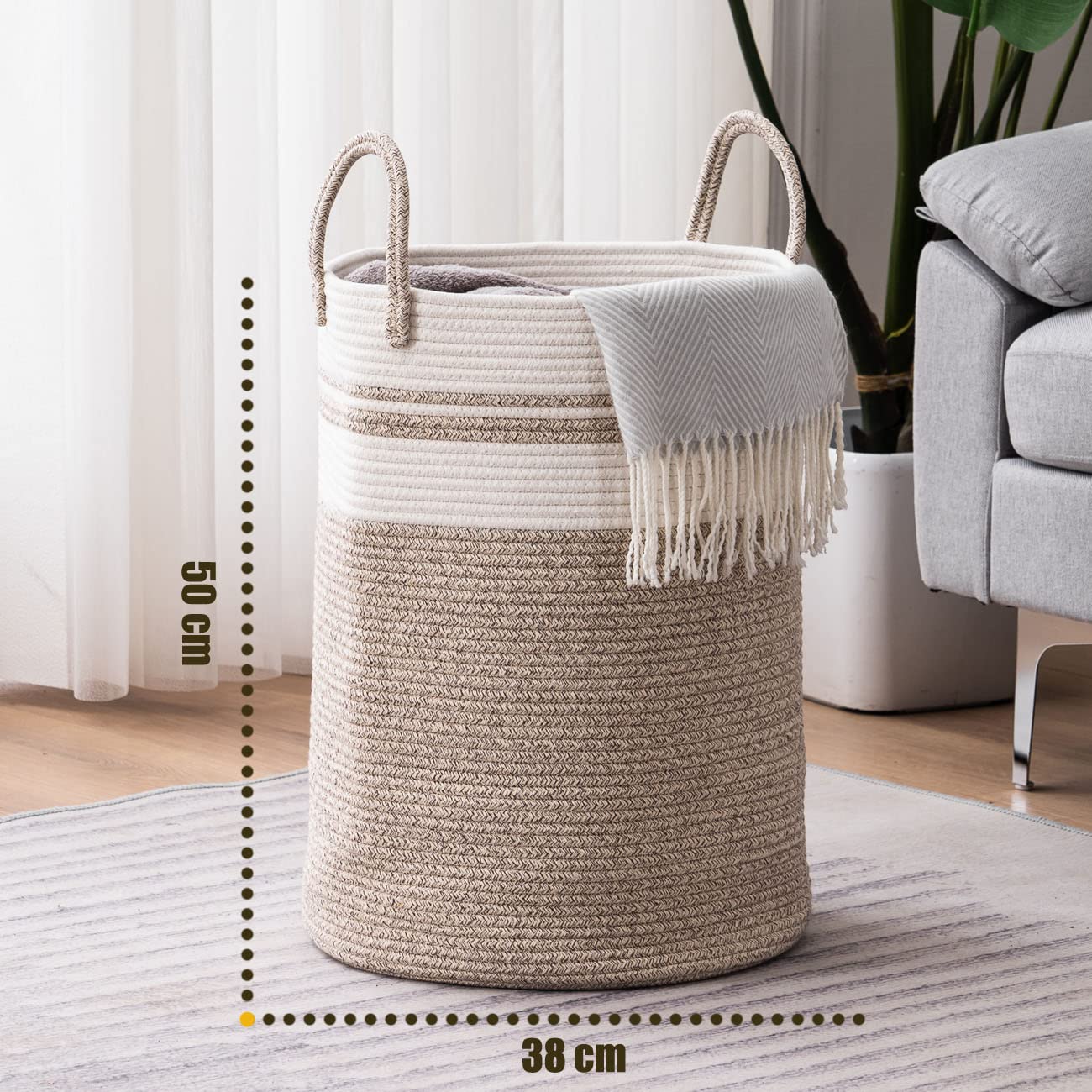 YOUDENOVA Cotton Rope Basket Large Blanket Basket Woven Storage Basket Toy Storage Organiser Nursery Decor Laundry Hamper with Handle 58L (38cm(D) x50cm(H), Z-brown) 38cm(D)x50cm(H)