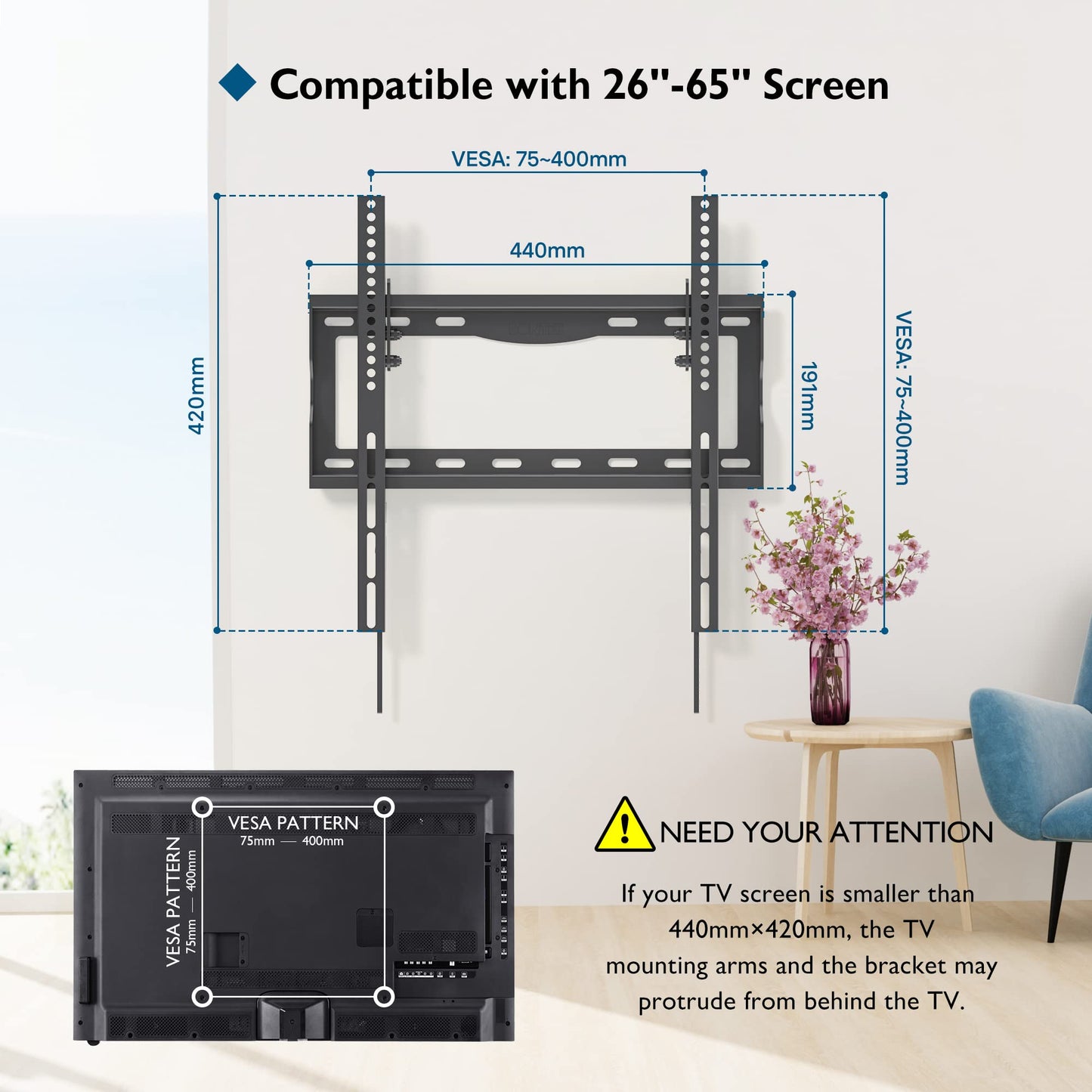 BONTEC TV Wall Mount Bracket for Most 26-65 inch LCD/LED/OLED Flat Curved TVs, Tilt Slim TV Wall Bracket up to 55kg, Max VESA 400 x 400mm, Bubble Level and Cable Ties included