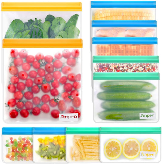 Anpro 11 Pack Reusable Silicone Freezer Bags - Thick BPA Free Reusable Silicone Food Storage Leakproof Ziplock Airtight Container 3 Size For Sandwich, Snacks, Fruits & Vegetables 11pack