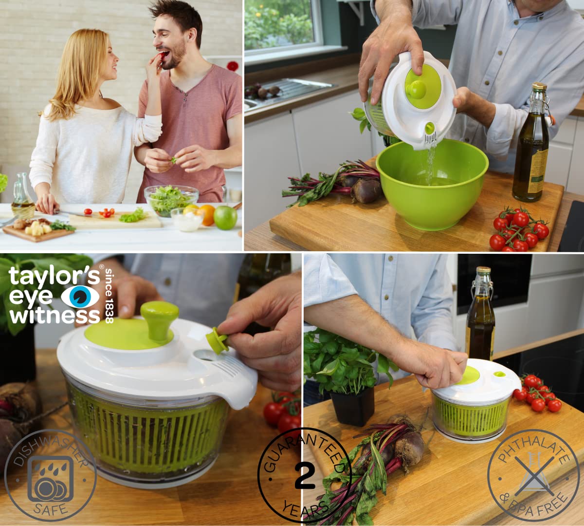 Small Salad Spinner with clear serving bowl, colander basket, smart-lock lid, easy drain system, non-slip base. 16cm|6in diam. Washes, dries & dresses lettuce, herbs, vegetables & fruit. Compact.