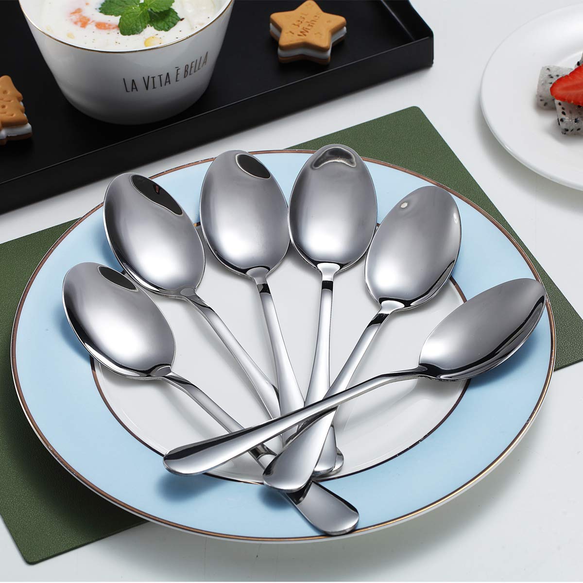 Dinner Spoons, Kyraton 6 Pieces 19cm Stainless Steel Table Spoon, Soup Spoons, Dessert Spoons Sliverware Dishwasher Safe Set of 6 1. 6 Pieces Silver