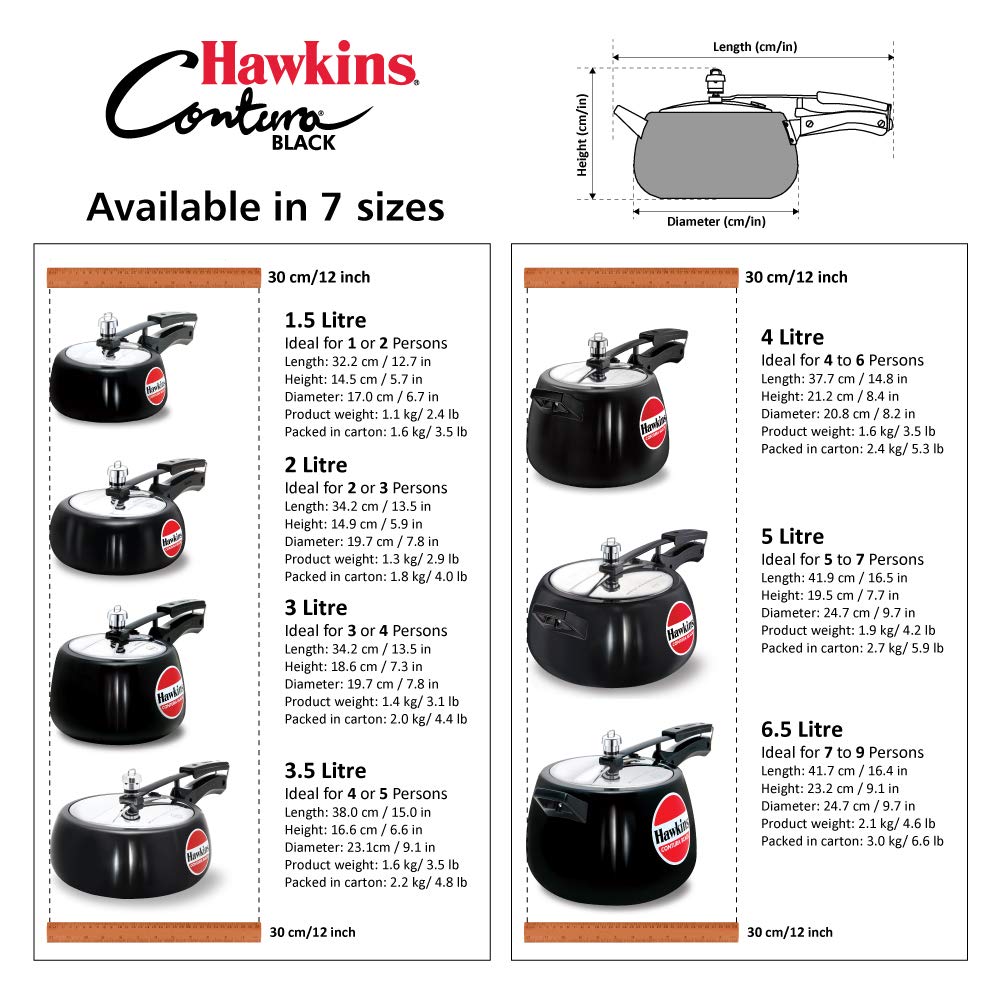 Hawkins Contura Black 2 Litre Pressure Cooker, Hard Anodised Cooker, Handi Cooker, Small Cooker, Black (CB20) 2-Liter