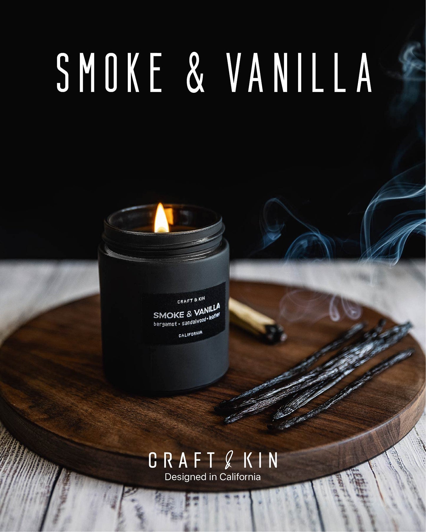 Scented Candles for Men | Smoke and Vanilla Candle for Men | Soy Candles, Long Lasting Candles, Home Decor | Masculine Candle, Wood Wicked Candles, Valentines Candles | Vanilla Candle in Black Jar Smoke & Vanilla