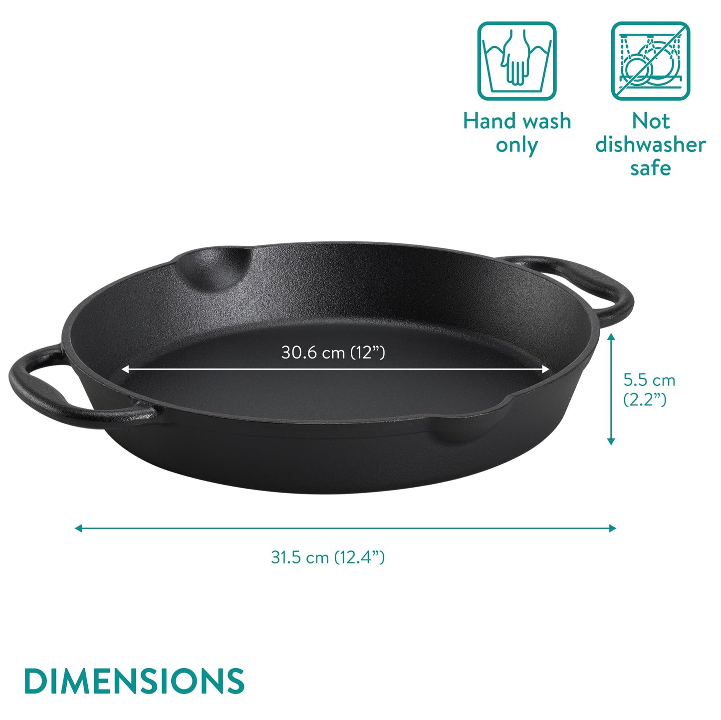 Navaris Cast Iron Skillet Pan - Oven Safe 2 Handle Frying Skillets - Pre Seasoned Pans for Stove or BBQ Cooking - 30 cm / 12 Inch 30cm / double handle