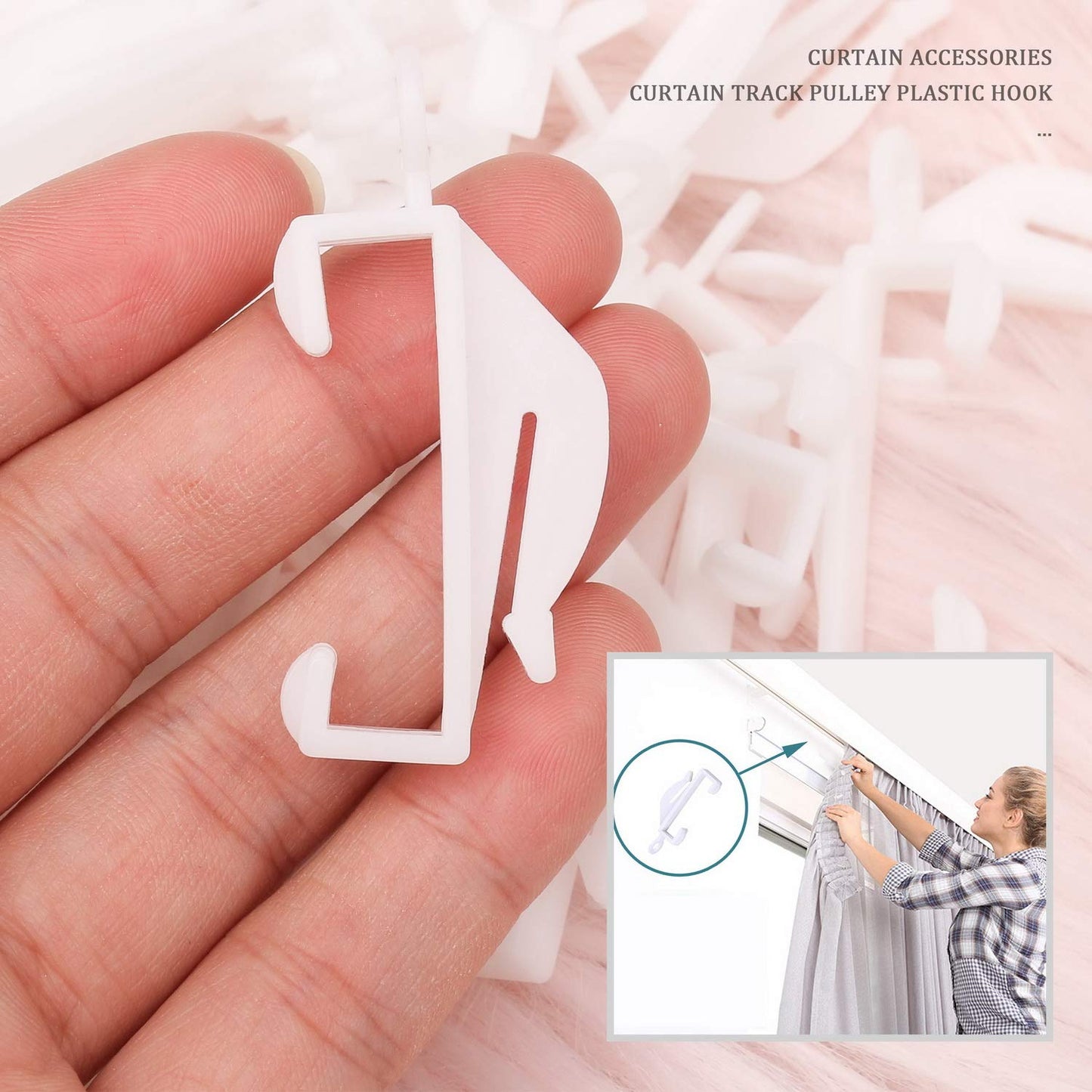 50 PCS Curtain Tack Hooks Plastic White, Curtain Rail Gliders Curtain Sliding Hooks for Track Window, Shower, Door