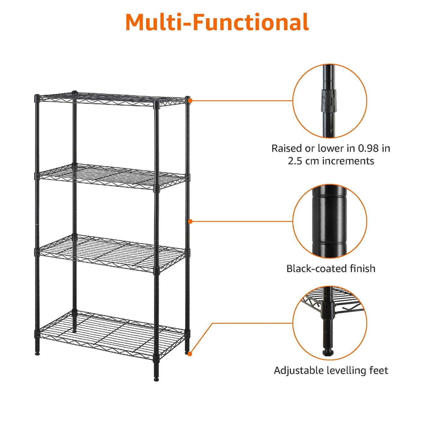 Amazon Basics 4-Shelf Narrow Storage Unit With Height Adjustable Shelves & Levelling Feet, 363kg Max Weight, Black, 34 cm D x 58.9 cm W x 121.9 cm H No Wheels