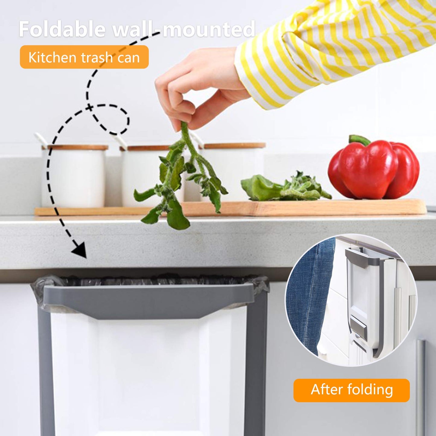 HUAPPNIO Kitchen Bin Plastic Folding Wall Mounted for Cupboard Door Hanging Trash Can 8L (White) White