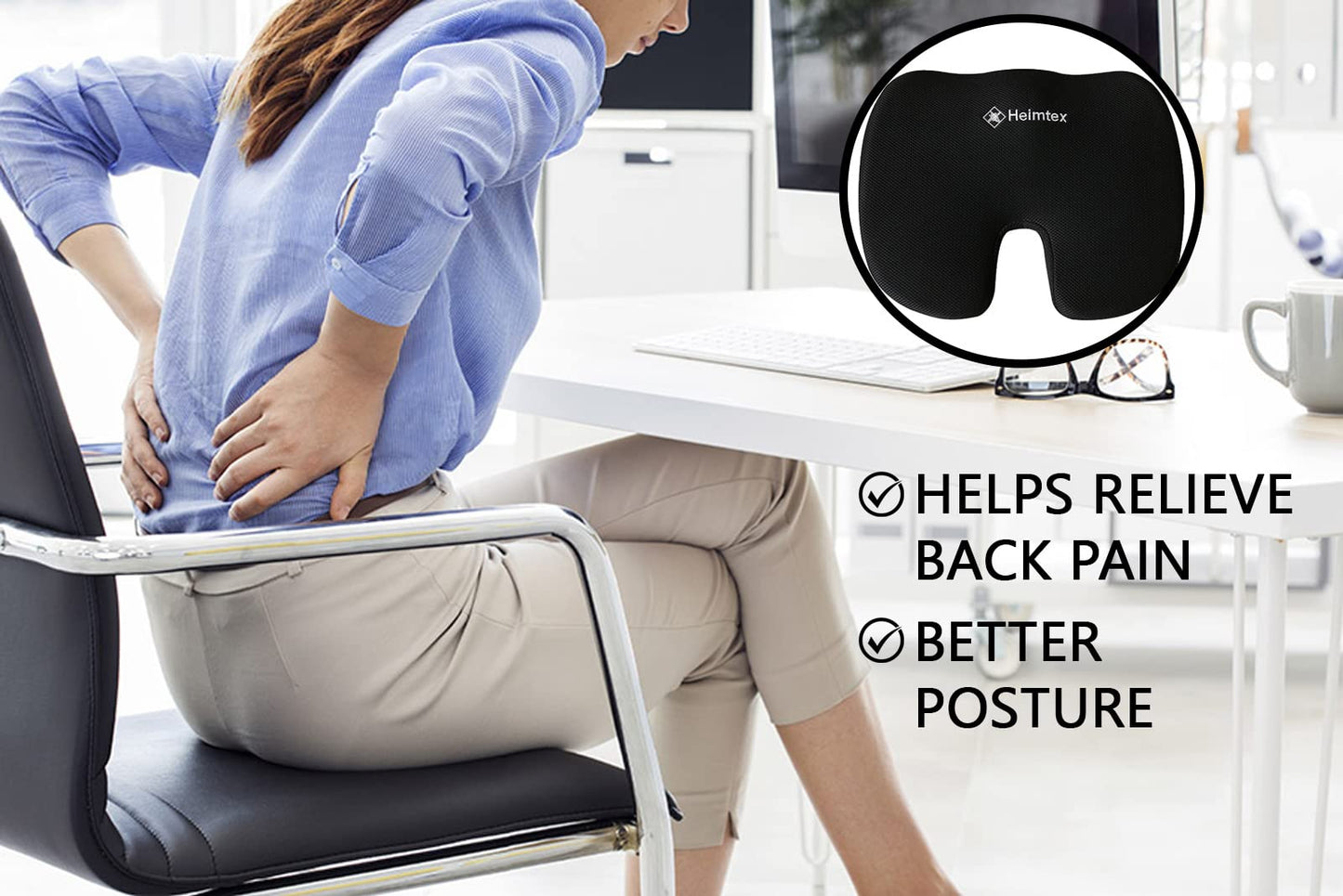 EDS Seat Cushion for Office Chair Memory Foam Coccyx Pain Relief Cushion Pillow for Back Support Non-Slip Seat Pad for Office Desk, Gamming Chair, Wheelchair, Car Seat, Sciatica, Tailbone Pain