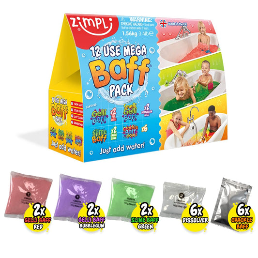 12 Use Mega Value Baff Pack from Zimpli Kids, 4 x Gelli Baff, 2 x Slime Baff & 6 x Crackle Baff, Children's Sensory & Bath Toy, Birthday Presents for Boys & Girls, Sensory Bath Toys Mega Baff Pack