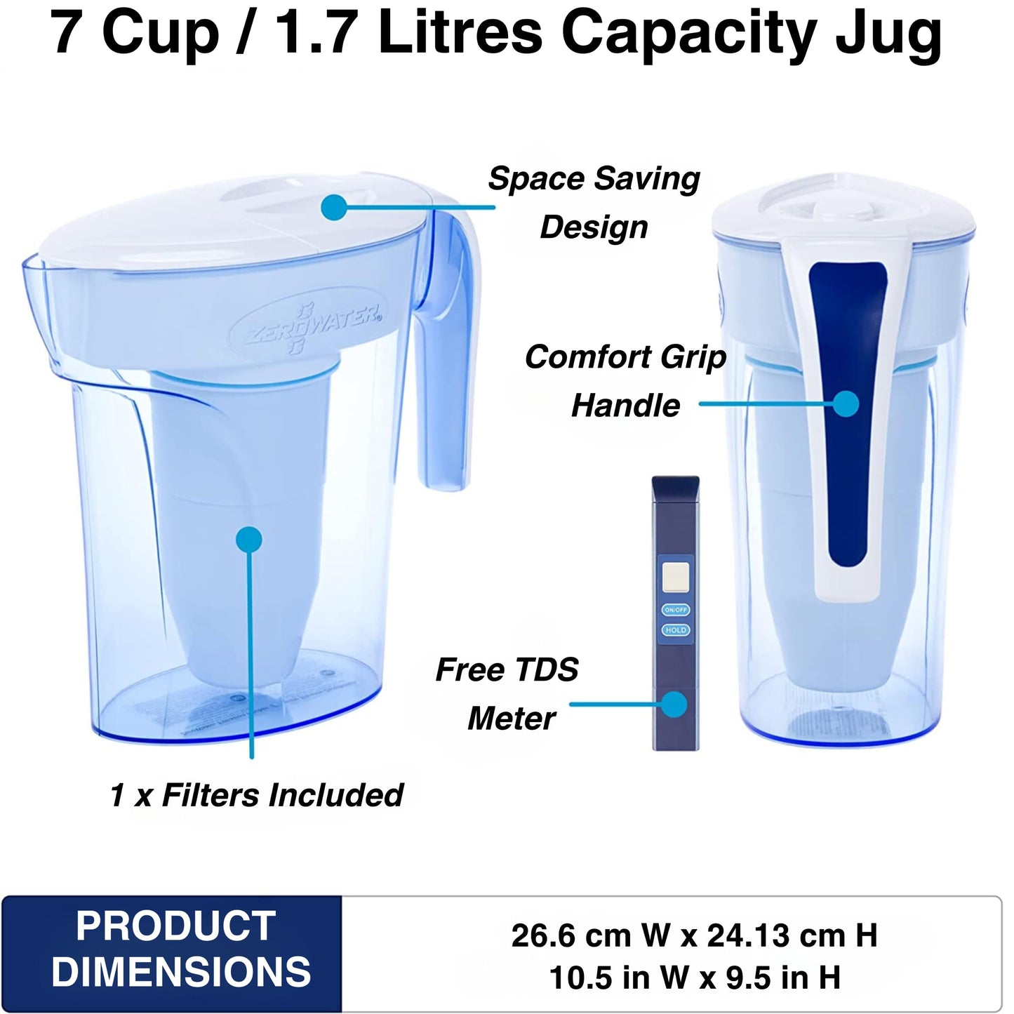 ZeroWater ZP-006-4, 6 Cup Water Filter Pitcher with Water Quality Meter,White and Blue White and Blue 1.4 Liter